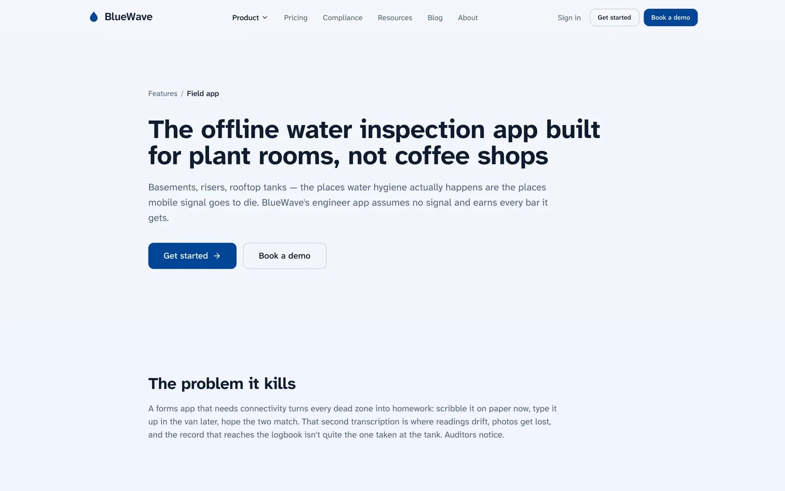 BlueWave field app feature page showing offline capture