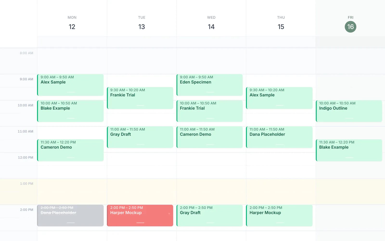 Karu's week diary: five days of fifty-minute therapy sessions, most attended, one cancelled and one not attended, with a shaded lunch break.