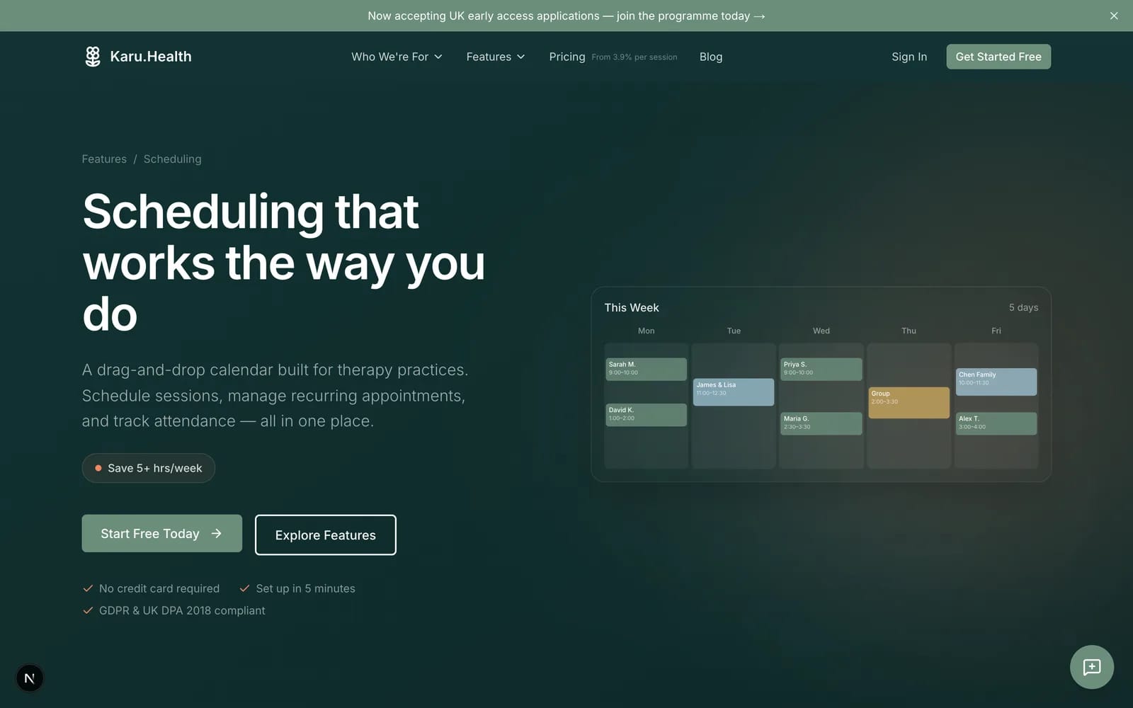 Karu scheduling feature: a drag-and-drop week diary built for therapy practices, with individual, couple and group sessions