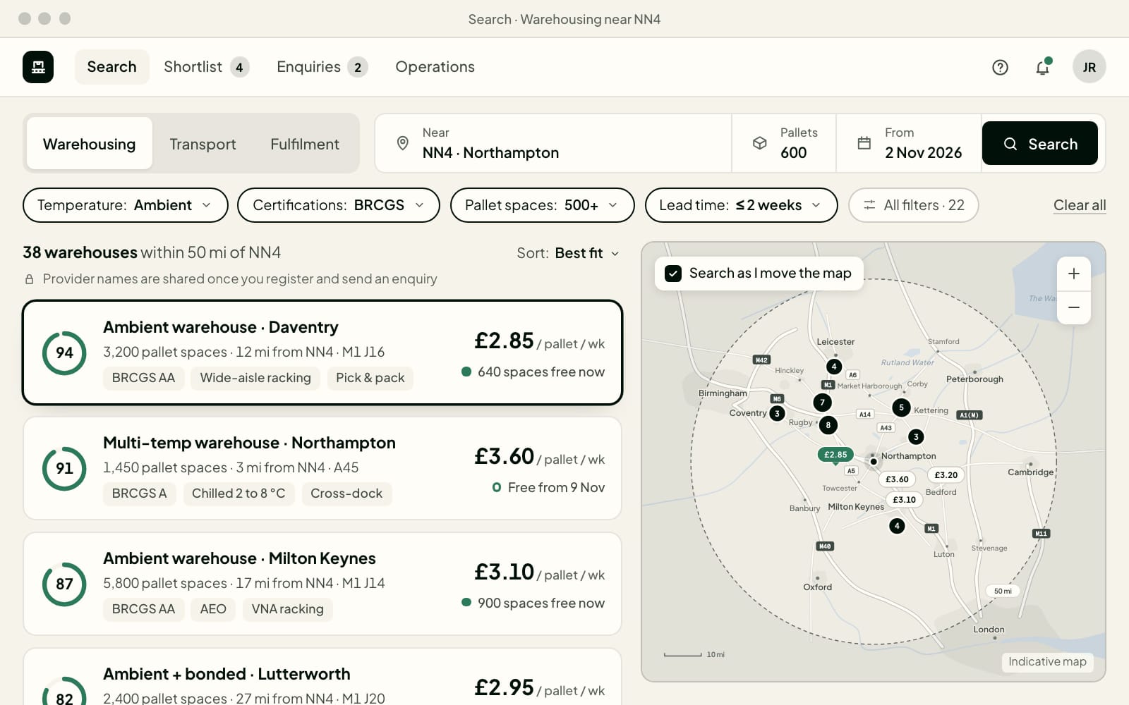 Indicative marketplace screen with sample data: warehouse search results with match scores and prices, beside a coverage map