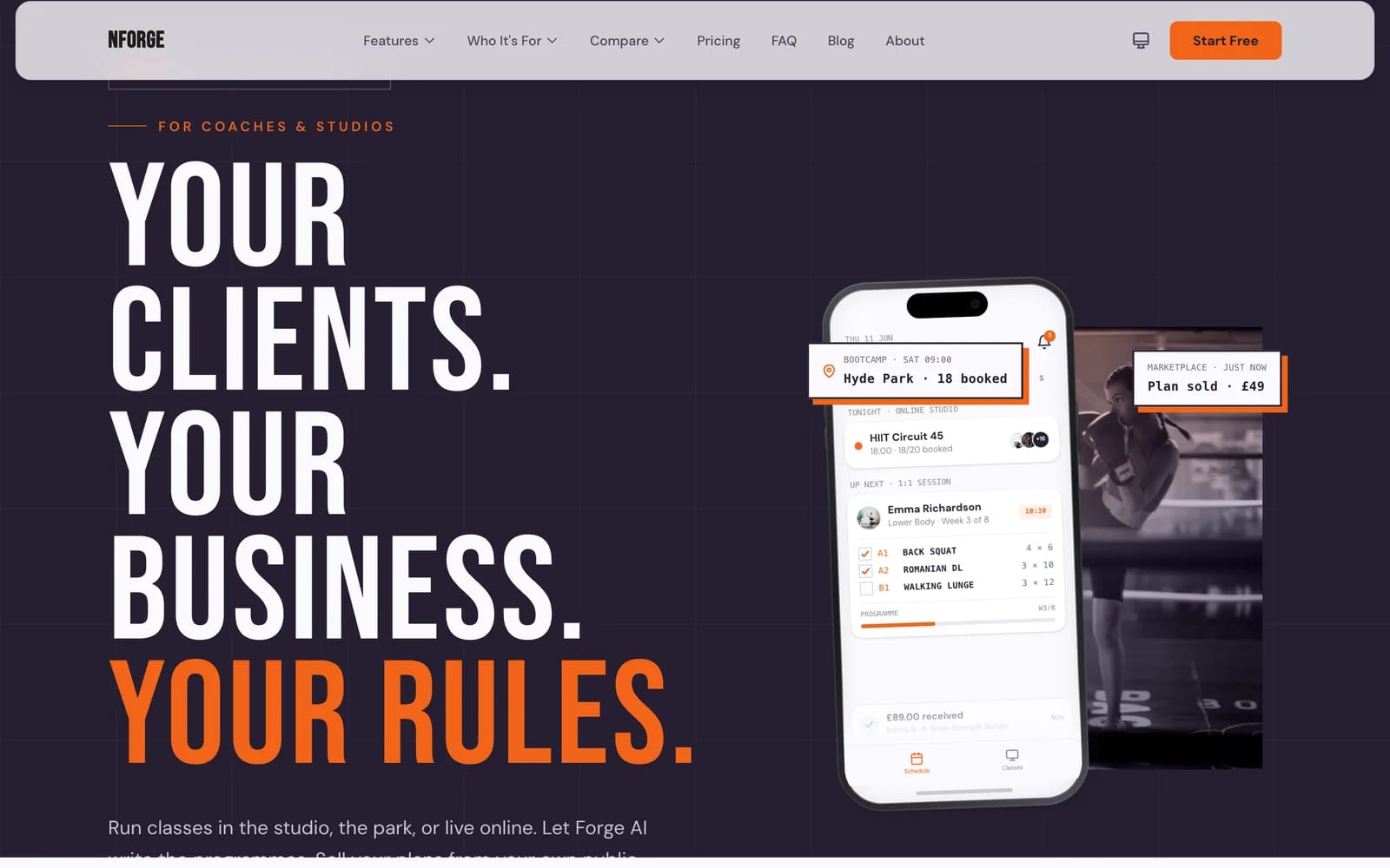 NForge homepage: your clients, your business, your rules, with the coach app in a phone frame