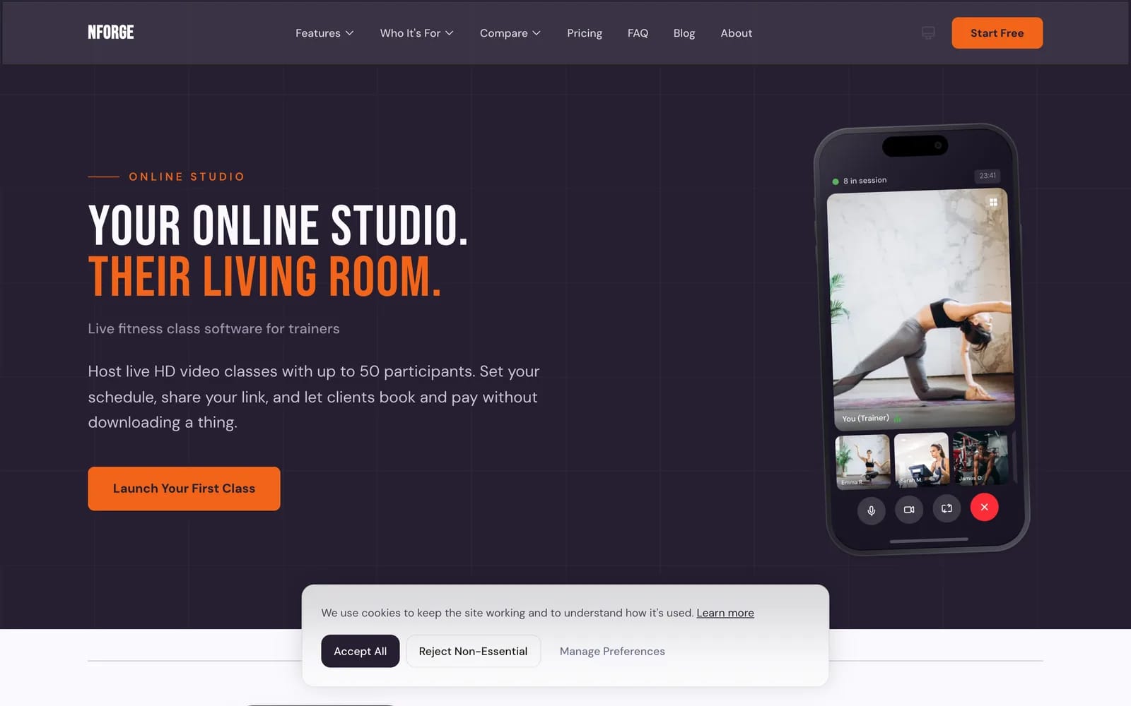 NForge online studio feature page showing the live class interface