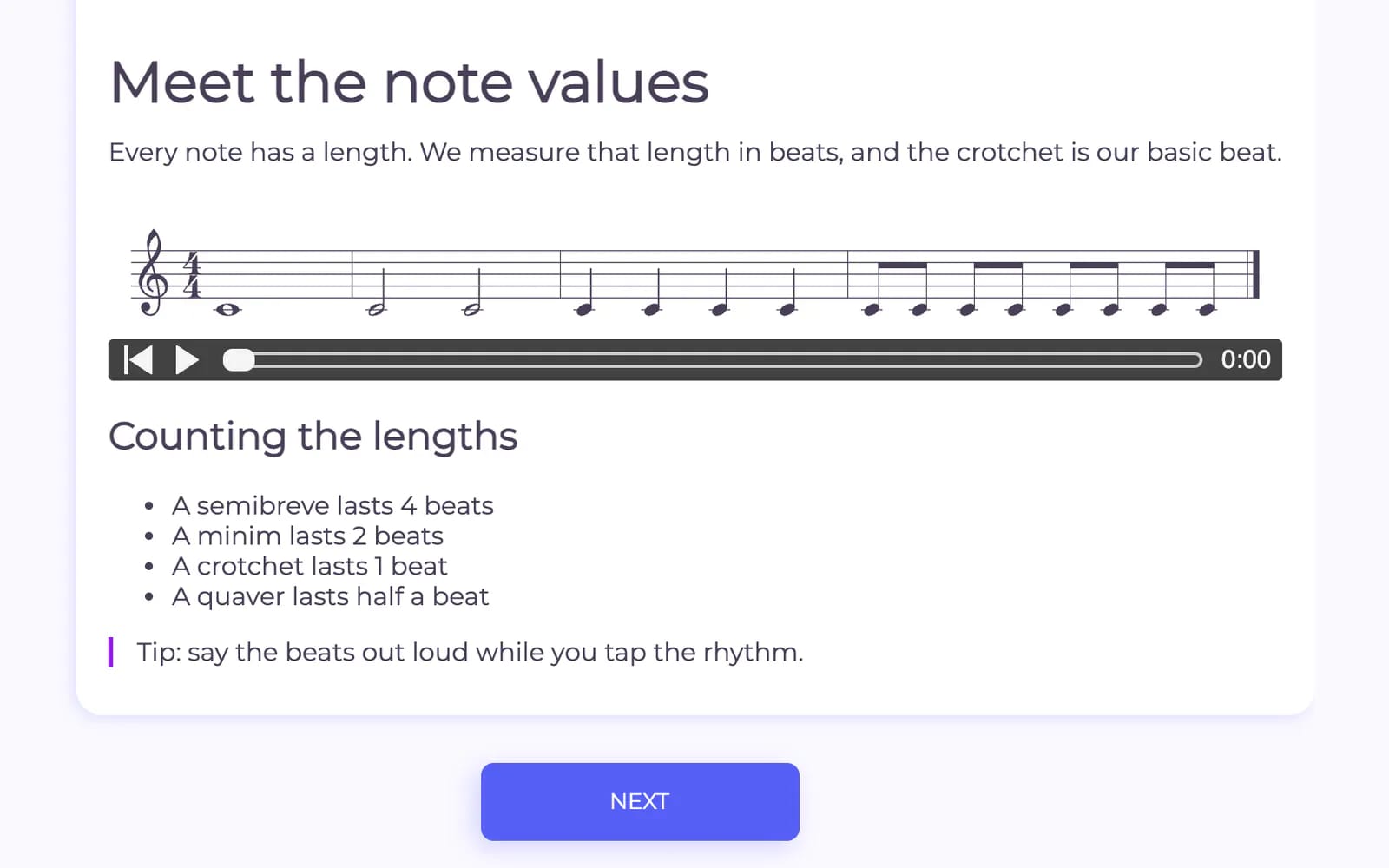 Treble lesson page: a drawn stave of note values with an audio player beneath it, and a list of how long each note lasts.