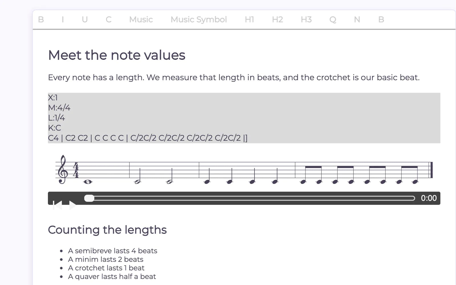 Treble lesson editor: a toolbar with a Music button, then lesson text with the notation typed as plain text above the stave drawn from it, an audio bar and a short list of note lengths.